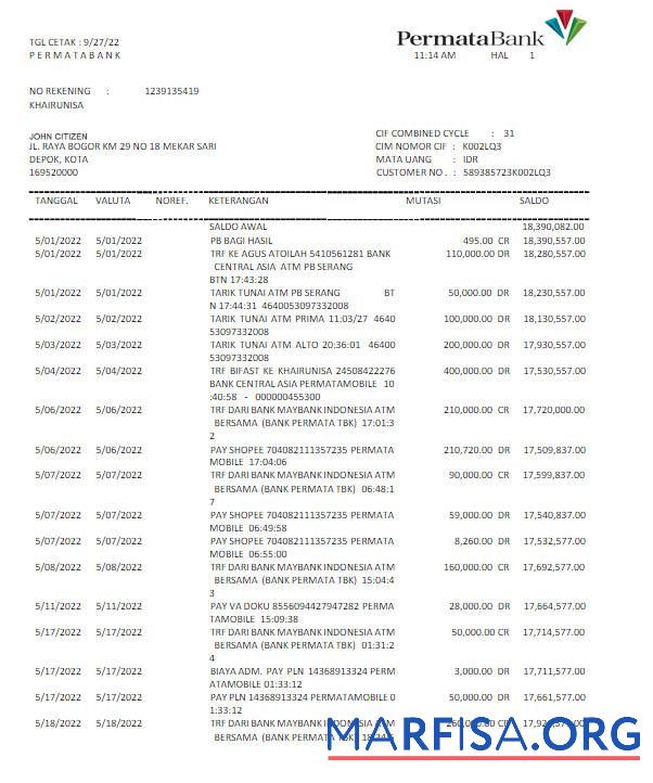 Downloadable Indonesia Permatabank statement word version 2 example
